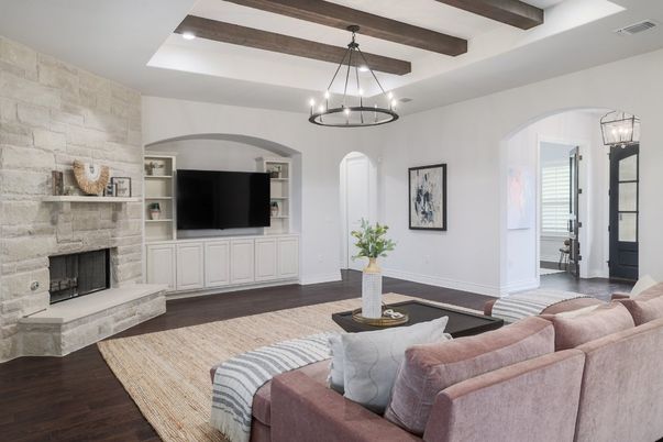 Fireplace, Interior, Living room, Pendant Lights, Recessed Lighting, Stone Walls, Wooden Beams, Wood Texture Flooring