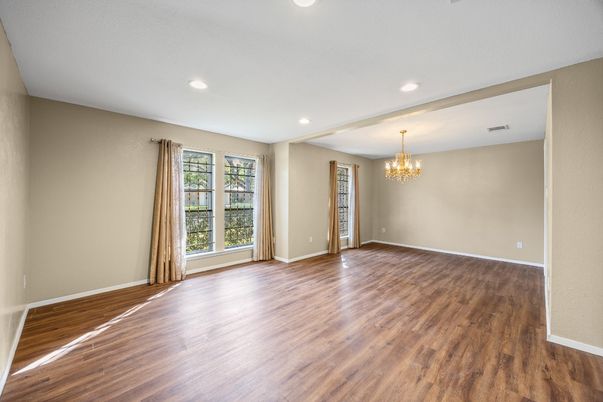 Chandelier, Empty room, Interior, Recessed Lighting, Wood Texture Flooring