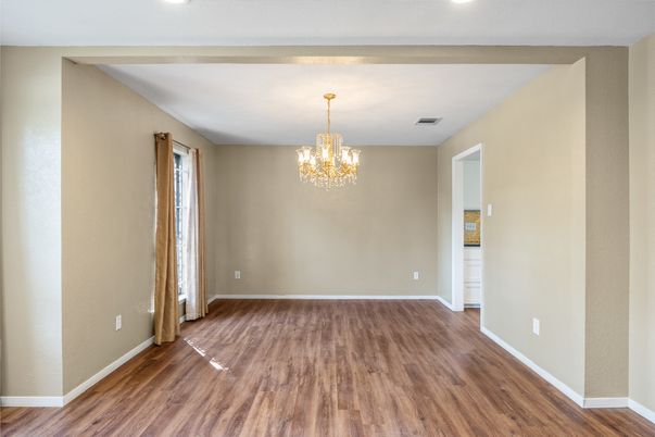 Chandelier, Empty room, Interior, Recessed Lighting, Wood Texture Flooring