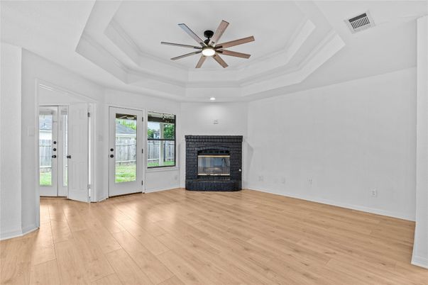 Empty room, Fireplace, Interior, Recessed Lighting, Wood Texture Flooring