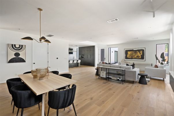 Dining room, Interior, Living room, Pendant Lights, Recessed Lighting, Wood Texture Flooring