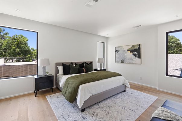 Bedroom, Interior, Recessed Lighting, Wood Texture Flooring