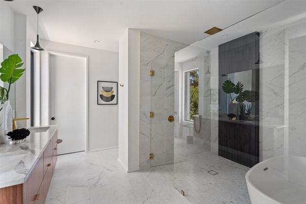 Bathroom, Glass Shower, Interior, Marble, Marble Walls, Recessed Lighting
