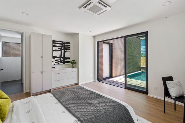 Bedroom, Interior, Recessed Lighting, Wood Texture Flooring