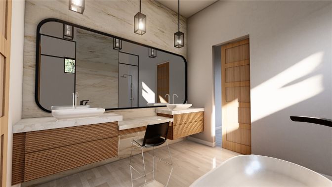 Bathroom, Dual Sink Vanities, Free Standing Baths, Interior, Pendant Lights, Wood Texture Flooring