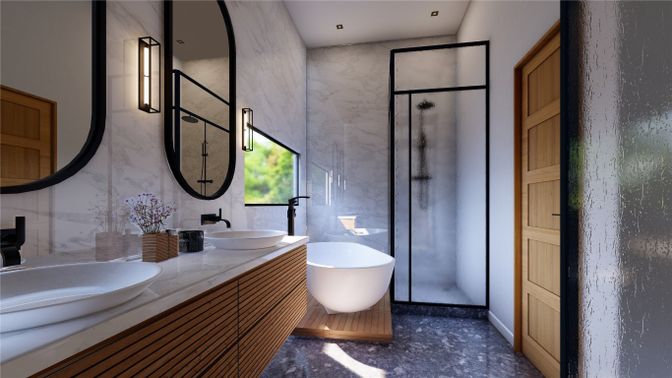 Bathroom, Dual Sink Vanities, Free Standing Baths, Glass Shower, Interior, Recessed Lighting