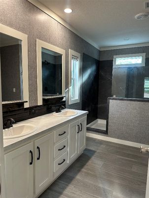 Bathroom, Dual Sink Vanities, Interior, Recessed Lighting, Wood Texture Flooring