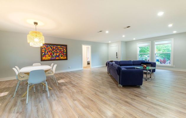 Dining room, Interior, Living room, Recessed Lighting, Wood Texture Flooring