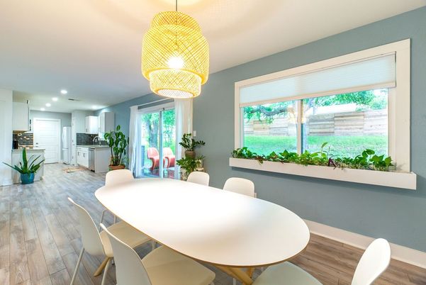 Dining room, Interior, Pendant Lights, Recessed Lighting, Wood Texture Flooring