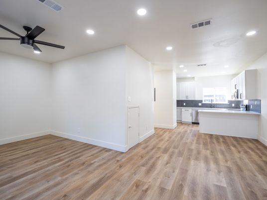 Empty room, Interior, Kitchen, Recessed Lighting, Wood Texture Flooring