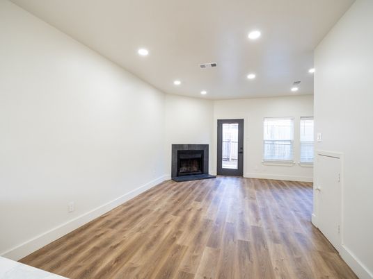 Empty room, Fireplace, Interior, Recessed Lighting, Wood Texture Flooring
