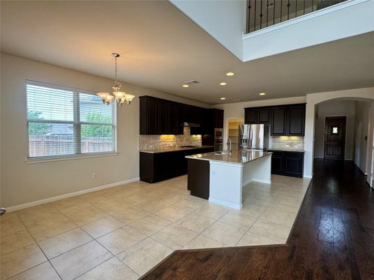 Chandelier, Interior, Kitchen, Recessed Lighting, Stainless Steel Appliances, Wood Texture Flooring