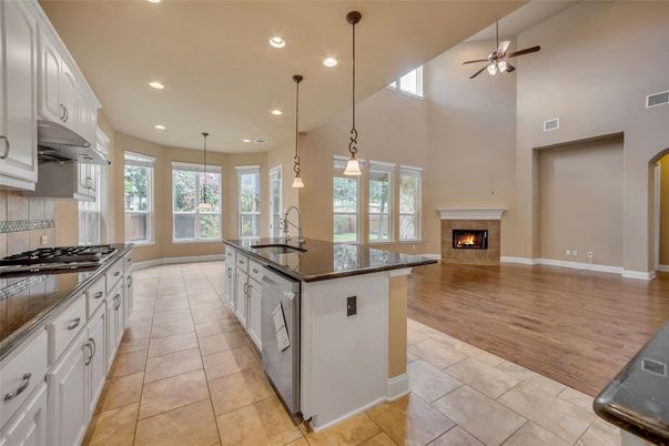 Fireplace, Interior, Kitchen, Pendant Lights, Recessed Lighting, Wood Texture Flooring