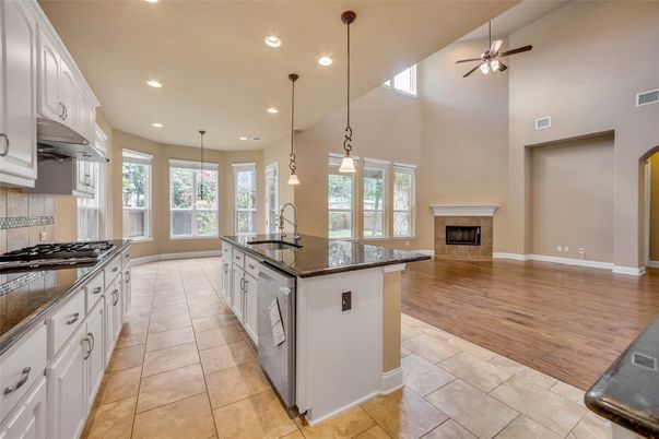 Fireplace, Interior, Kitchen, Pendant Lights, Recessed Lighting, Wood Texture Flooring