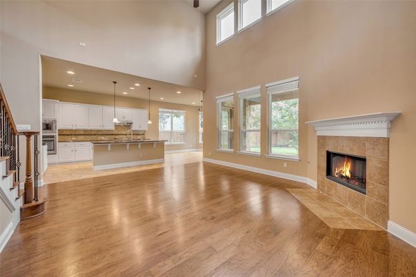 Fireplace, Interior, Kitchen, Pendant Lights, Recessed Lighting, Wood Texture Flooring