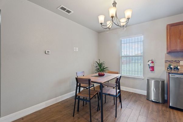 Chandelier, Dining room, Interior, Wood Texture Flooring
