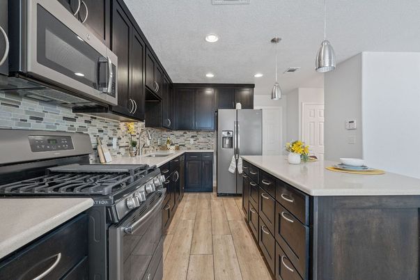 Interior, Kitchen, Pendant Lights, Recessed Lighting, Stainless Steel Appliances, Wood Texture Flooring