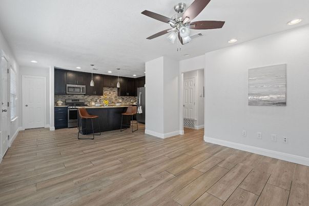 Interior, Kitchen, Pendant Lights, Recessed Lighting, Wood Texture Flooring