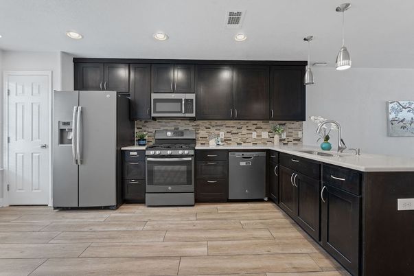 Interior, Kitchen, Pendant Lights, Recessed Lighting, Wood Texture Flooring