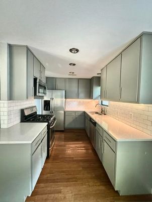 Interior, Kitchen, Recessed Lighting, Stainless Steel Appliances, Wood Texture Flooring