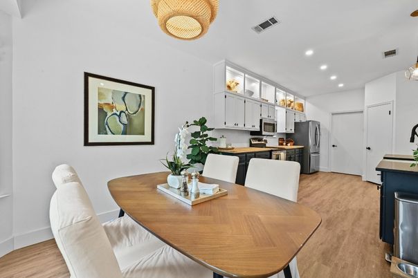 Dining room, Interior, Kitchen, Recessed Lighting, Stainless Steel Appliances, Wood Texture Flooring