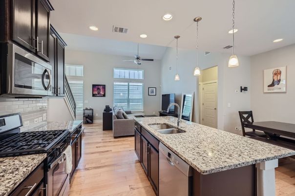 Interior, Kitchen, Living room, Pendant Lights, Recessed Lighting, Wood Texture Flooring