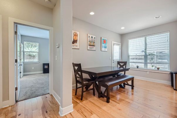 Dining room, Interior, Recessed Lighting, Wood Texture Flooring