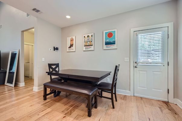 Dining room, Interior, Recessed Lighting, Wood Texture Flooring
