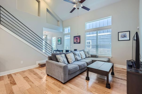 Interior, Living room, Pendant Lights, Wood Texture Flooring