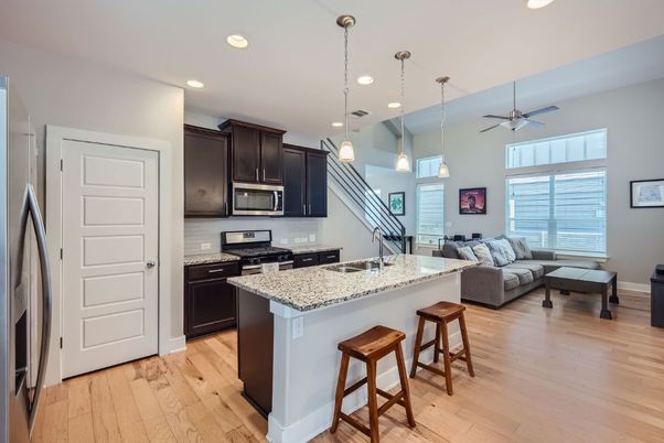 Interior, Kitchen, Living room, Pendant Lights, Recessed Lighting, Wood Texture Flooring