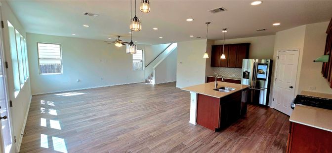 Interior, Kitchen, Pendant Lights, Recessed Lighting, Stainless Steel Appliances, Wood Texture Flooring