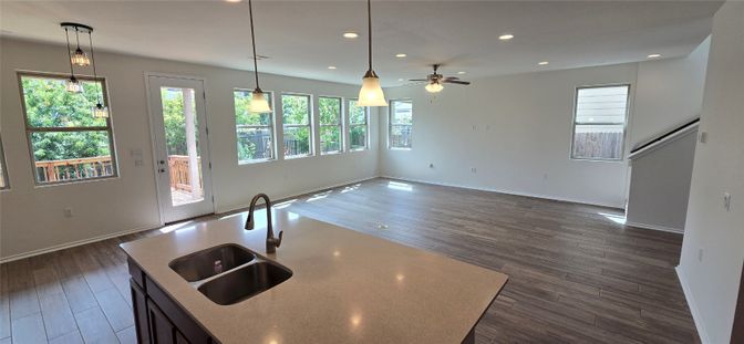 Interior, Kitchen, Pendant Lights, Recessed Lighting, Wood Texture Flooring