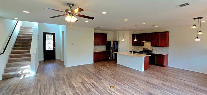 Interior, Kitchen, Pendant Lights, Recessed Lighting, Stainless Steel Appliances, Wood Texture Flooring