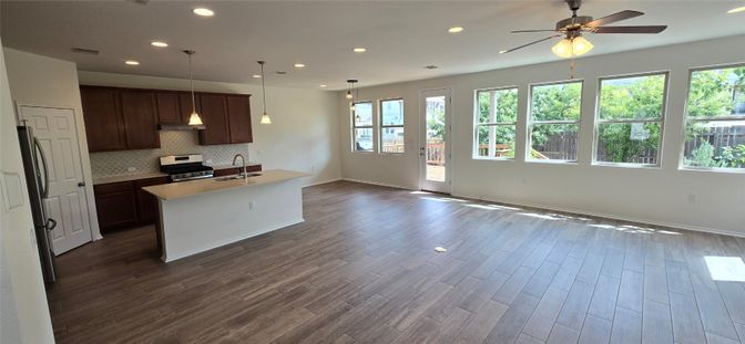 Empty room, Interior, Kitchen, Pendant Lights, Recessed Lighting, Wood Texture Flooring