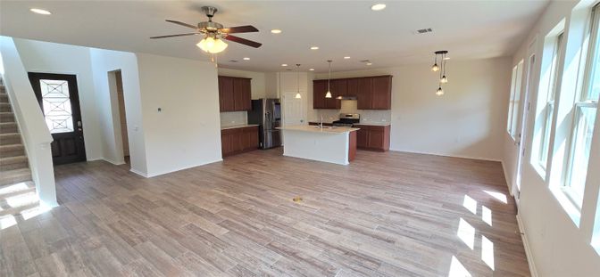 Interior, Kitchen, Pendant Lights, Recessed Lighting, Wood Texture Flooring