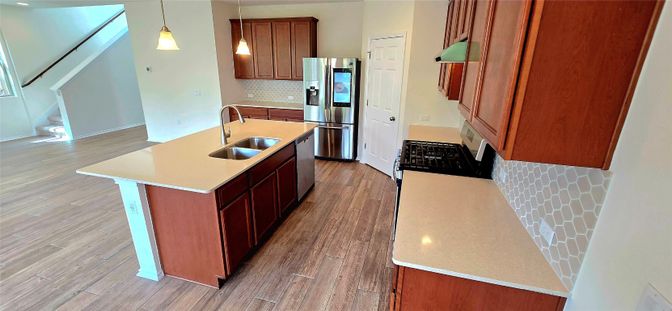 Interior, Kitchen, Pendant Lights, Wood Texture Flooring