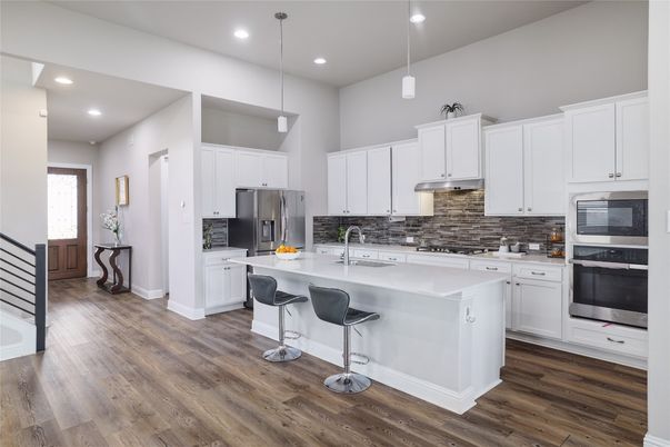 Interior, Kitchen, Pendant Lights, Recessed Lighting, Stainless Steel Appliances, Wood Texture Flooring