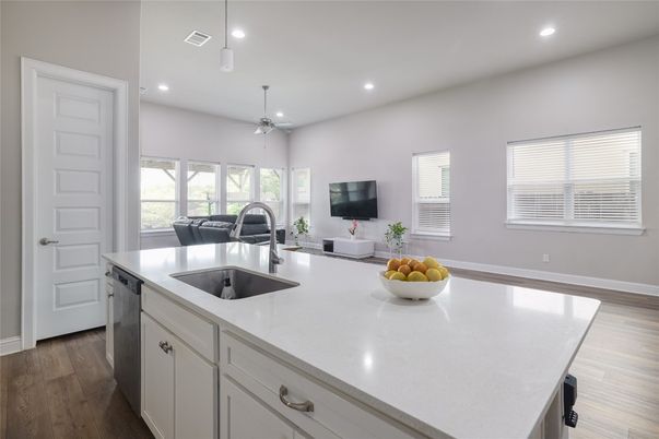 Interior, Kitchen, Pendant Lights, Recessed Lighting, Wood Texture Flooring