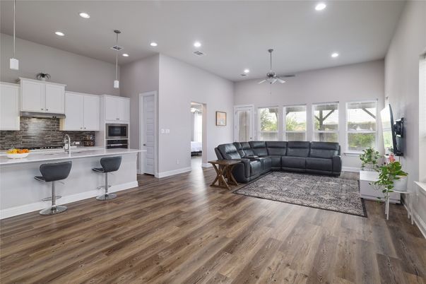 Interior, Kitchen, Living room, Pendant Lights, Recessed Lighting, Wood Texture Flooring