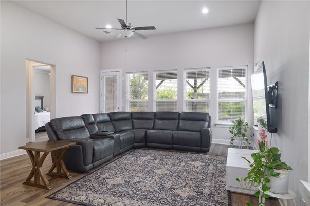 Bedroom, Interior, Living room, Recessed Lighting, Wood Texture Flooring