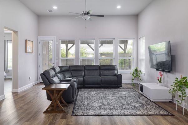 Interior, Living room, Recessed Lighting, Wood Texture Flooring