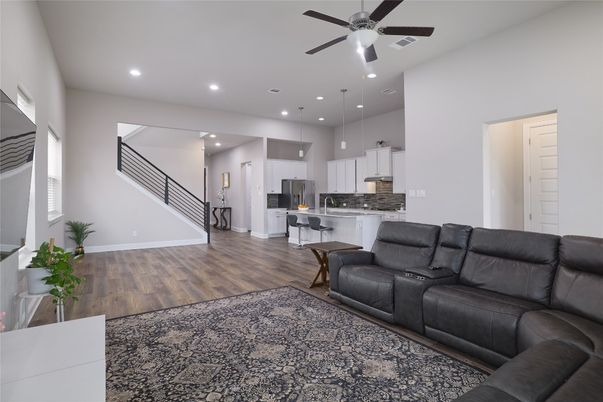 Interior, Kitchen, Living room, Pendant Lights, Recessed Lighting, Wood Texture Flooring