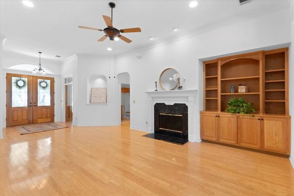 Empty room, Fireplace, Interior, Pendant Lights, Recessed Lighting, Wood Texture Flooring