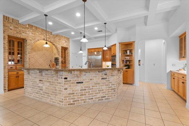 Interior, Kitchen, Pendant Lights, Recessed Lighting, Stone Walls