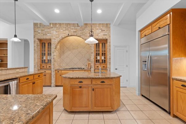 Interior, Kitchen, Pendant Lights, Recessed Lighting, Stainless Steel Appliances, Stone Walls