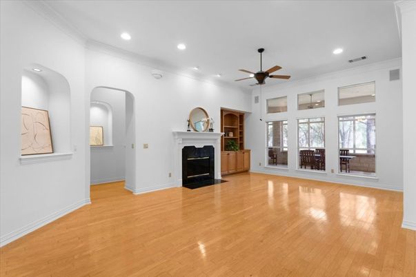 Empty room, Fireplace, Interior, Recessed Lighting, Wood Texture Flooring