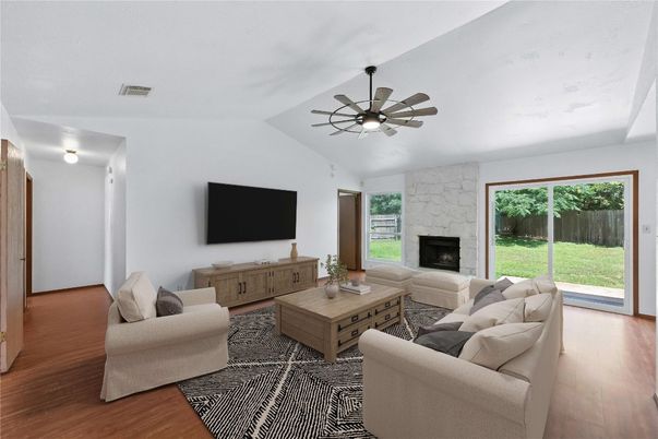 Fireplace, Interior, Living room, Stone Walls, Wood Texture Flooring