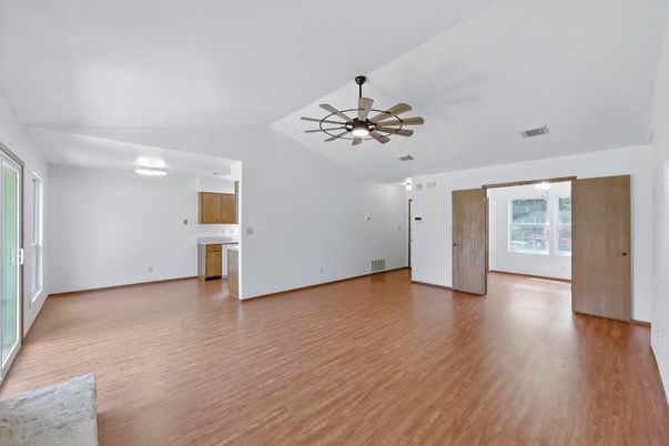 Empty room, Interior, Kitchen, Pendant Lights, Wood Texture Flooring