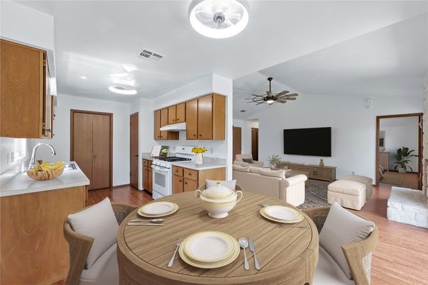 Dining room, Interior, Kitchen, Living room, Recessed Lighting, Wood Texture Flooring