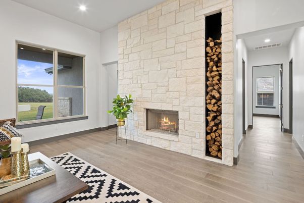 Fireplace, Interior, Recessed Lighting, Stone Walls, Wood Texture Flooring